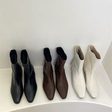 2023年新款韩版软皮简约尖头时装靴粗低跟短靴女时尚百搭中筒单靴