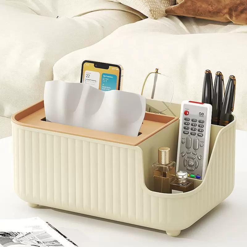Tabletop Tissue & Remote Organizer Box, Light Luxury Style, Multi-Compartment (Light Green/Apricot)