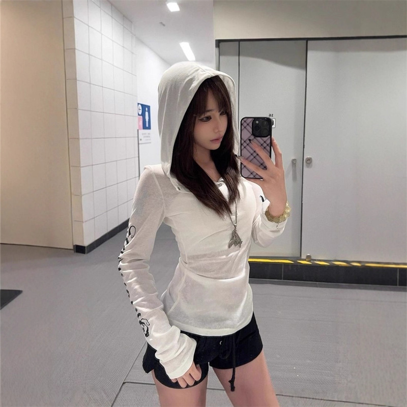 Y2K Sexy Sun Protection Blouse Women's Summer American Long-Sleeved Hooded Long-Sleeved T-Shirt Subculture Slimming Look Top Trendy Y2K Sexy Sun Protection Blouse Women's Summer American Long-Sleeved Hooded Long-Sleeved T-Shirt Subculture Slimming Look Top Trendy