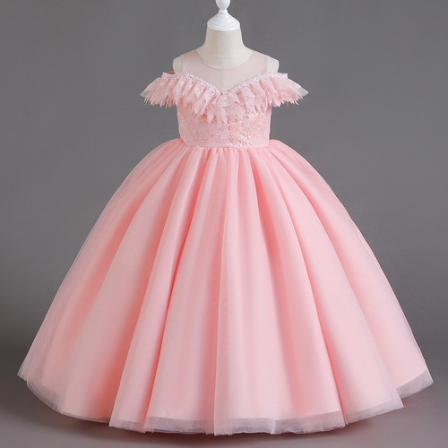 Girls' dresses, evening dresses, off-the-shoulder long dresses, princess dresses, mesh tutu dresses, performance dresses, host dresses