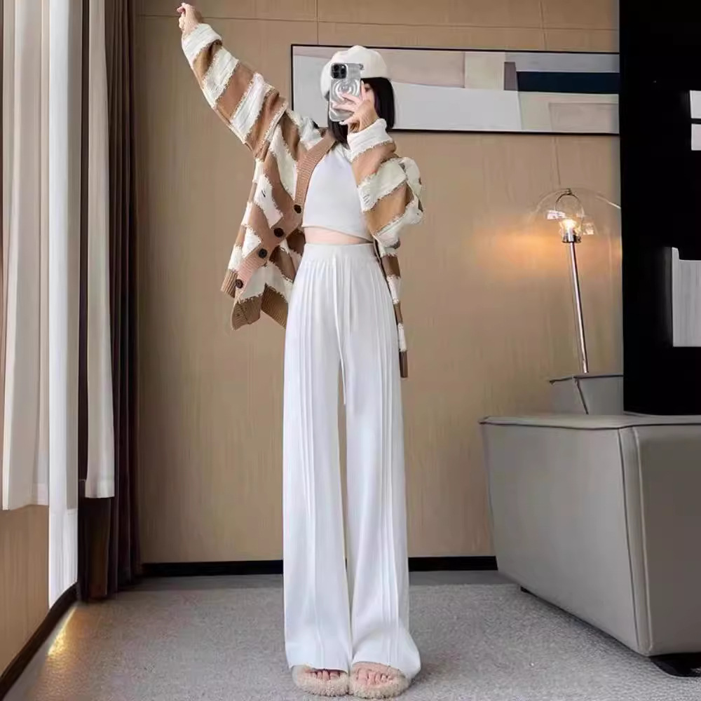 复古软糯针织阔腿裤女秋冬高腰垂感宽松加厚裤子白色休闲直筒长裤