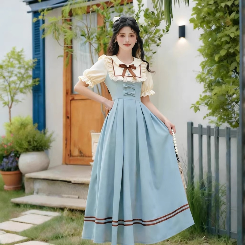 French-Style College-Style Shirt with Fake Two-Piece Dress, Long-Sleeved Retro Palace-Style Long Dress, Contrasting Color Princess Dress, Summer