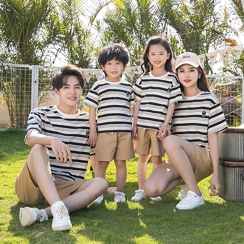 2025 New Trendy Summer Matching Outfits for Families of Three or Four: Pure Cotton Loose Striped Short-Sleeve T-Shirts