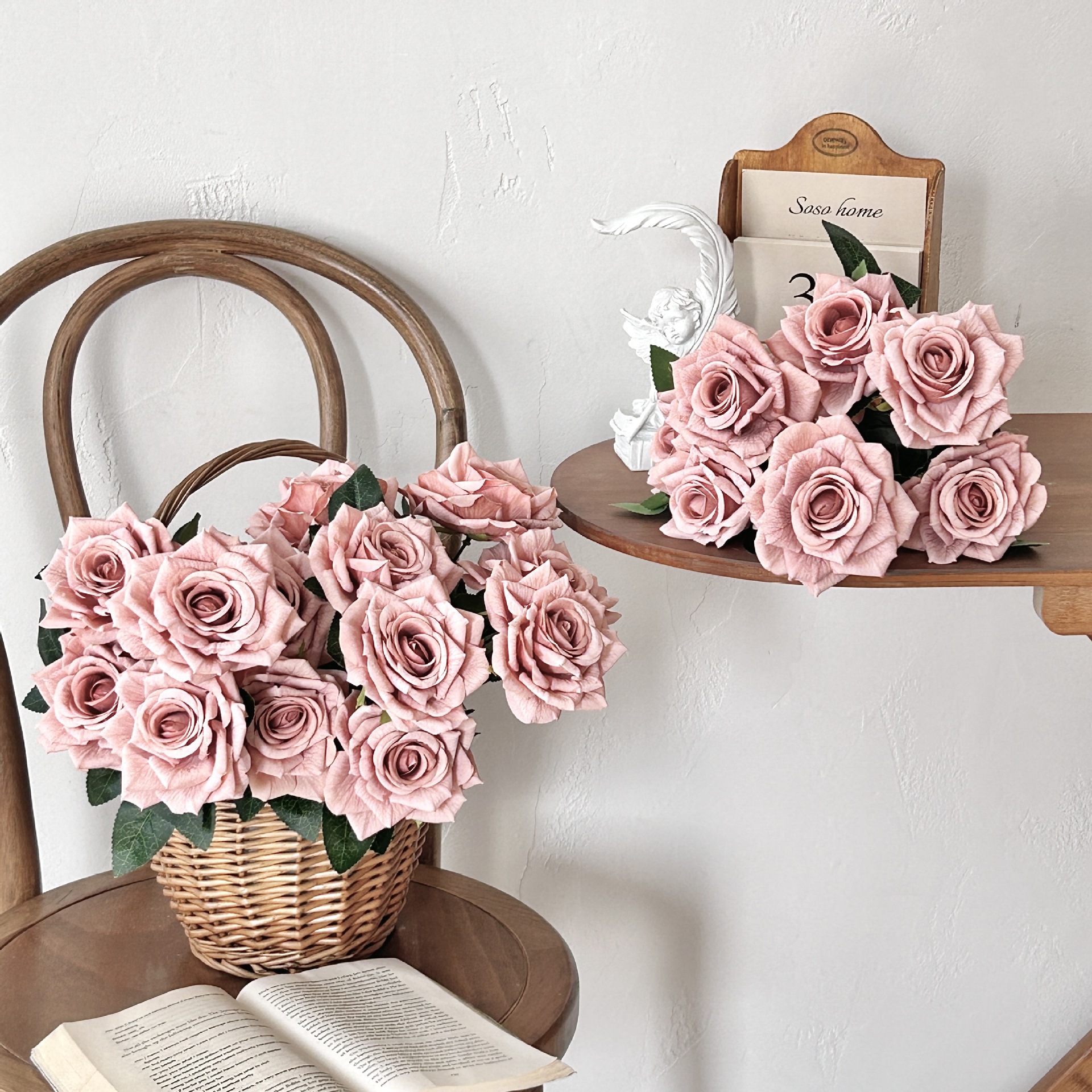 7-Cabeza de curling Rose Bouquet cappuccino Rose flor artificial vintage Rose decoración del hogar salón de bodas de diseño
