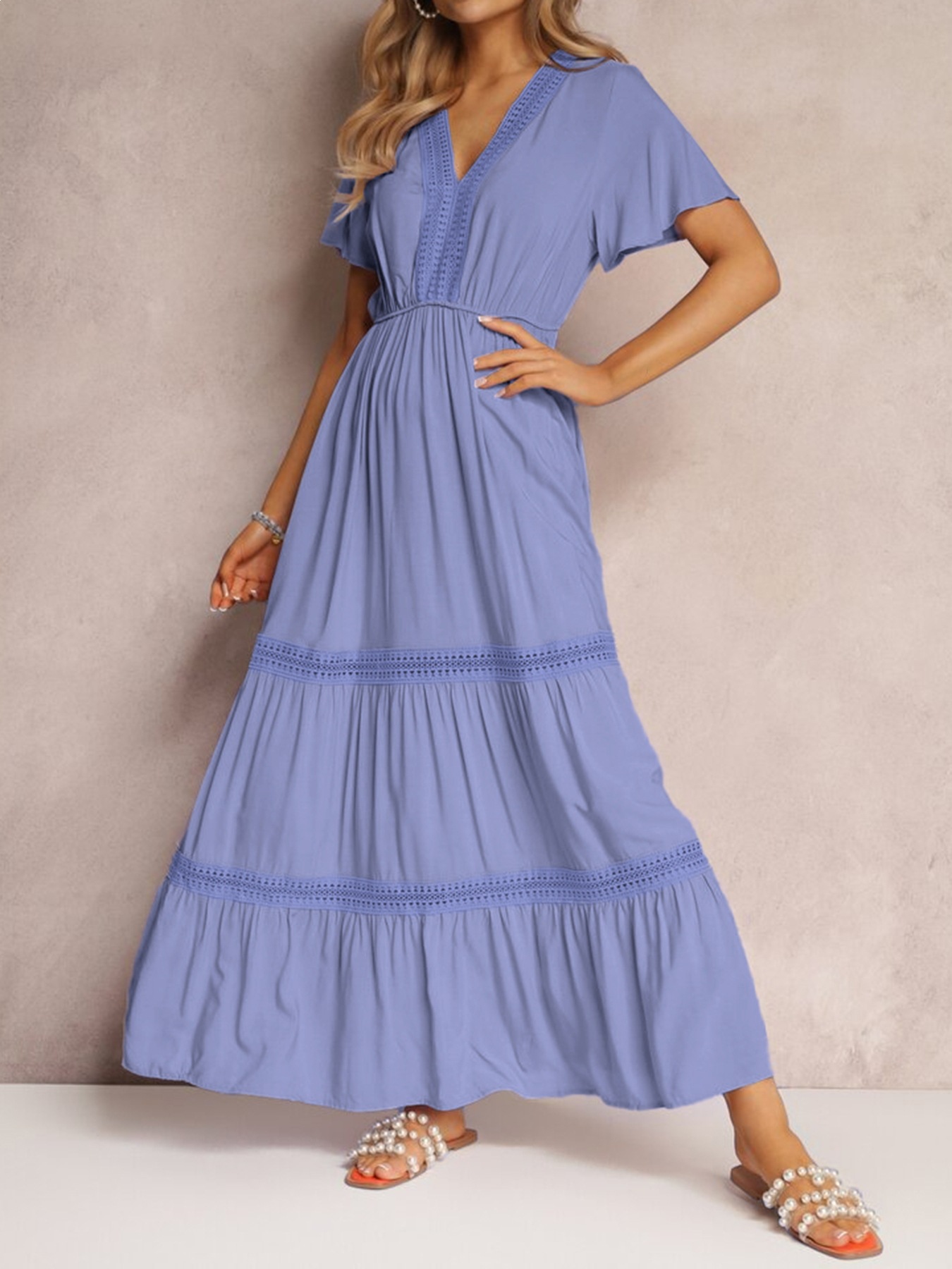 Women's Clothing Elegant Style Women's Long Sleeve Lace Ruffle Sleeve V Neck Solid Color Dress Full Skirt Fashion_ecoleips.com