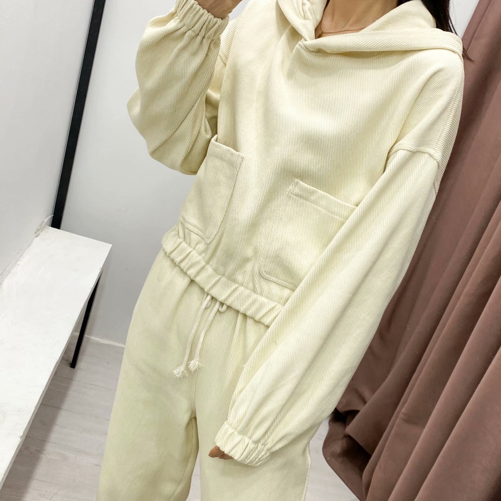 Solid color drop shoulder twill hoodie NSAM47595