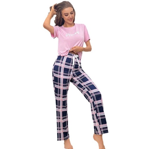 European and American Style Cross-border Short Sleeve Checkered Nine-Foot Pants Leisure Comfort Women's Home Sleepwear Fashion Home Suit Set