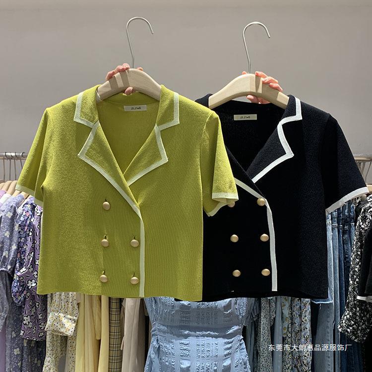 Summer suit collar contrast color chiang style short sleeve ice silk sweater women's temperament thin design sense niche top fashion Summer suit collar contrast color chiang style short sleeve ice silk sweater women's temperament thin design sense niche top fashion