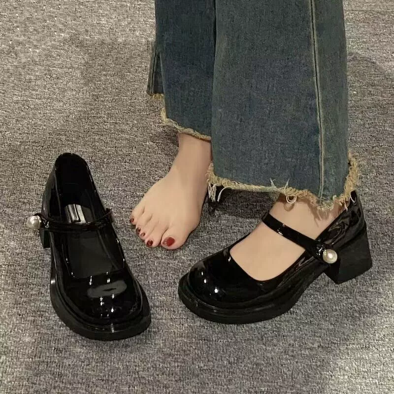 Новая французская ретро Мэри Джейн одиночные туфли с круглой головкой квадратного каблучка с высоким толстым каблуком