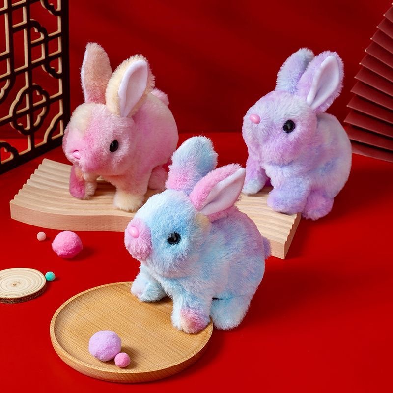 Cross-Border Rainbow Plush Electric Bunny That Can Move Its Ears, Walk and Call, Colorful Rabbit for Children and Girls to Play House
