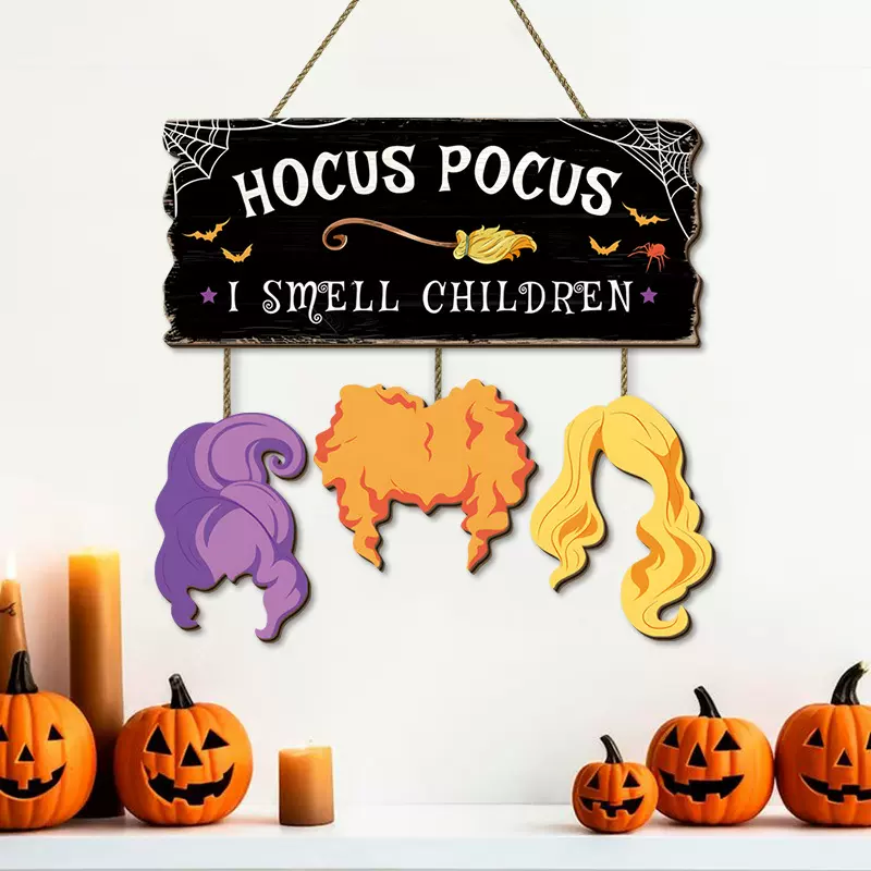 跨境万圣节女巫蝙蝠门牌装饰木制挂牌悬挂标志前门挂钩木质挂件