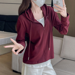 フェイクツーピースフード付き長袖Tシャツ レディース 2025秋新作 カレッジ風Vネック 細見えショルダートップス インナーシャツ
