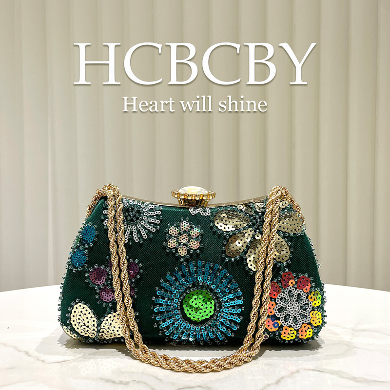Dark green glittery evening clutch with fresh sequin floral decoration, elegant and stylish evening handbag for women