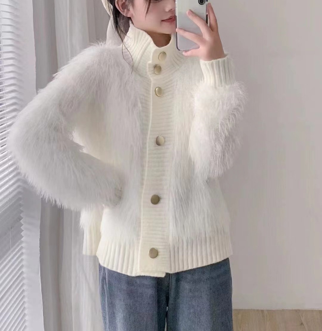 El otoño y el invierno nuevo estilo de imitación de visón de terciopelo collar de pie cardigan exterior de las mujeres de alto grado de temperamento flojo todo fósforo de punto abrigo de moda