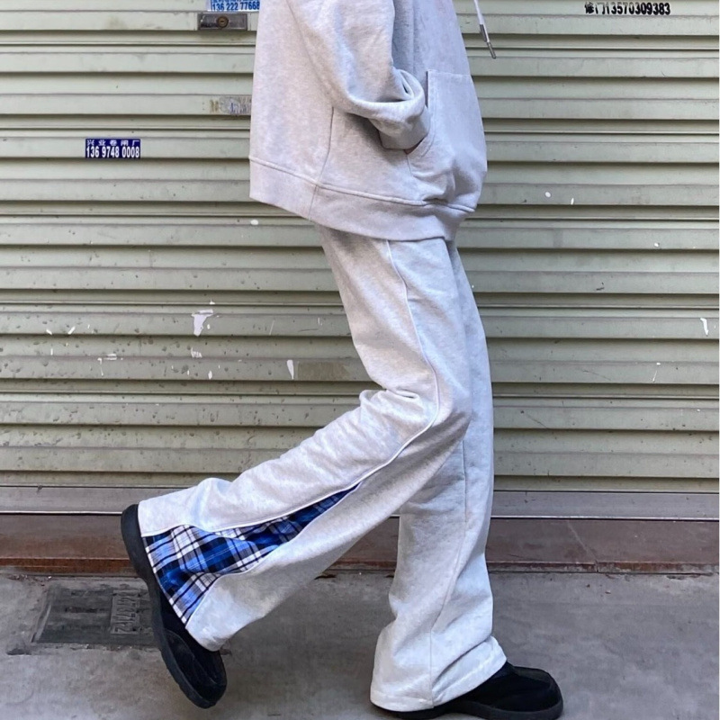 Men's Summer Flared Extended Pants for Tall Individuals, Patchwork Plaid Basketball Sports Pants, American-Style Straight-Leg Casual Sweatpants