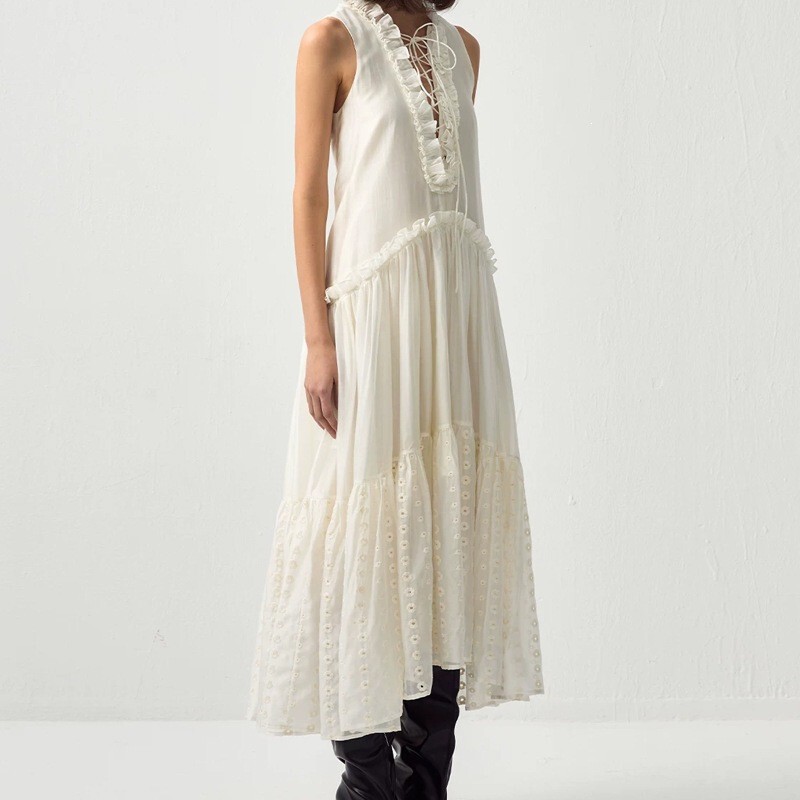 In Stock: Forest-Style First Love-Inspired White Sleeveless Dress with Tie-Up, Ruffled Edges, and Large Hem Fairy Long Dress