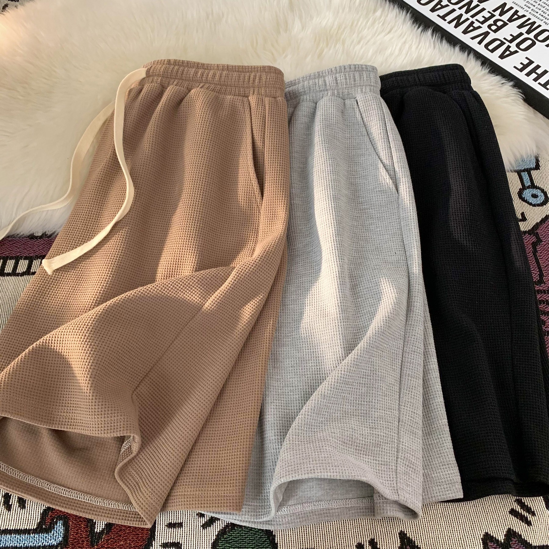 Men's Summer Sports Casual Shorts Loose Plus Size Waffle Five Point Pants New Style_viptrois.com