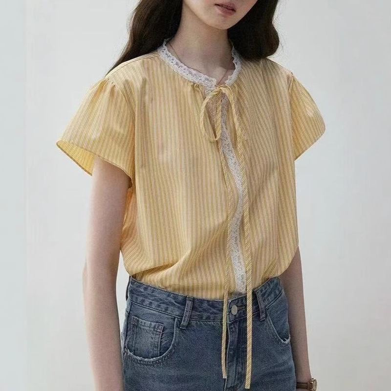 「Mustard Pie Vooe」Contrast Color Striped Lace Patchwork Strap Shirt Women's Summer Lace Flying Sleeve Loose Top