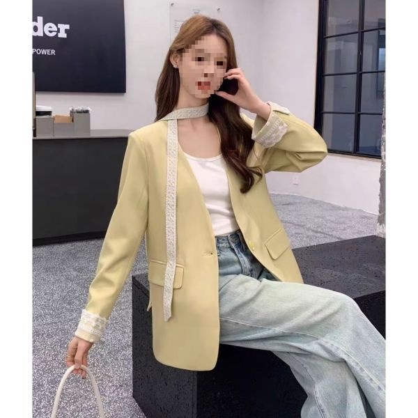 Suit Ribbon Jacket 2025 Spring Mid-Length New Versatile Lace Casual Elegant Suit Light Yellow Niche
