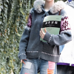 美式复古毛衣加绒加厚保暖针织衫女秋冬撞色提花宽松大码毛领开衫