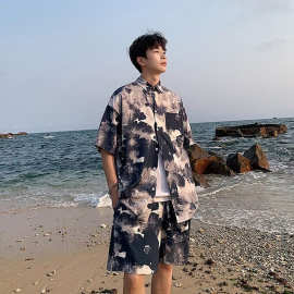 海边沙滩夏威夷短袖花衬衫套装男夏季潮牌衬衣沙滩服度假男装一套