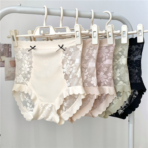 Spring and summer high-waisted belly-control women's sexy lace underwear women's silk bottom crotch breathable large size buttocks shaping briefs