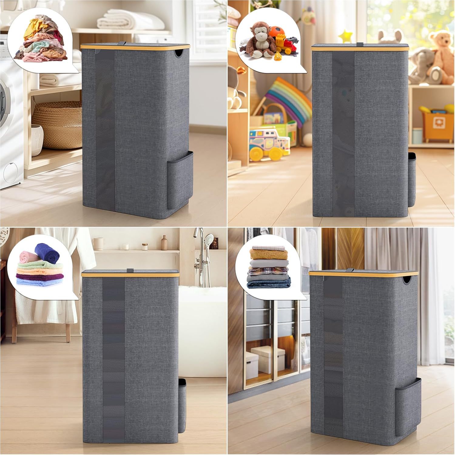 Cesta de lavandería de bambú Cubo de ropa sucia grande plegable Cesta de ropa sucia doméstica Cesta de almacenamiento de ropa sucia con ventana