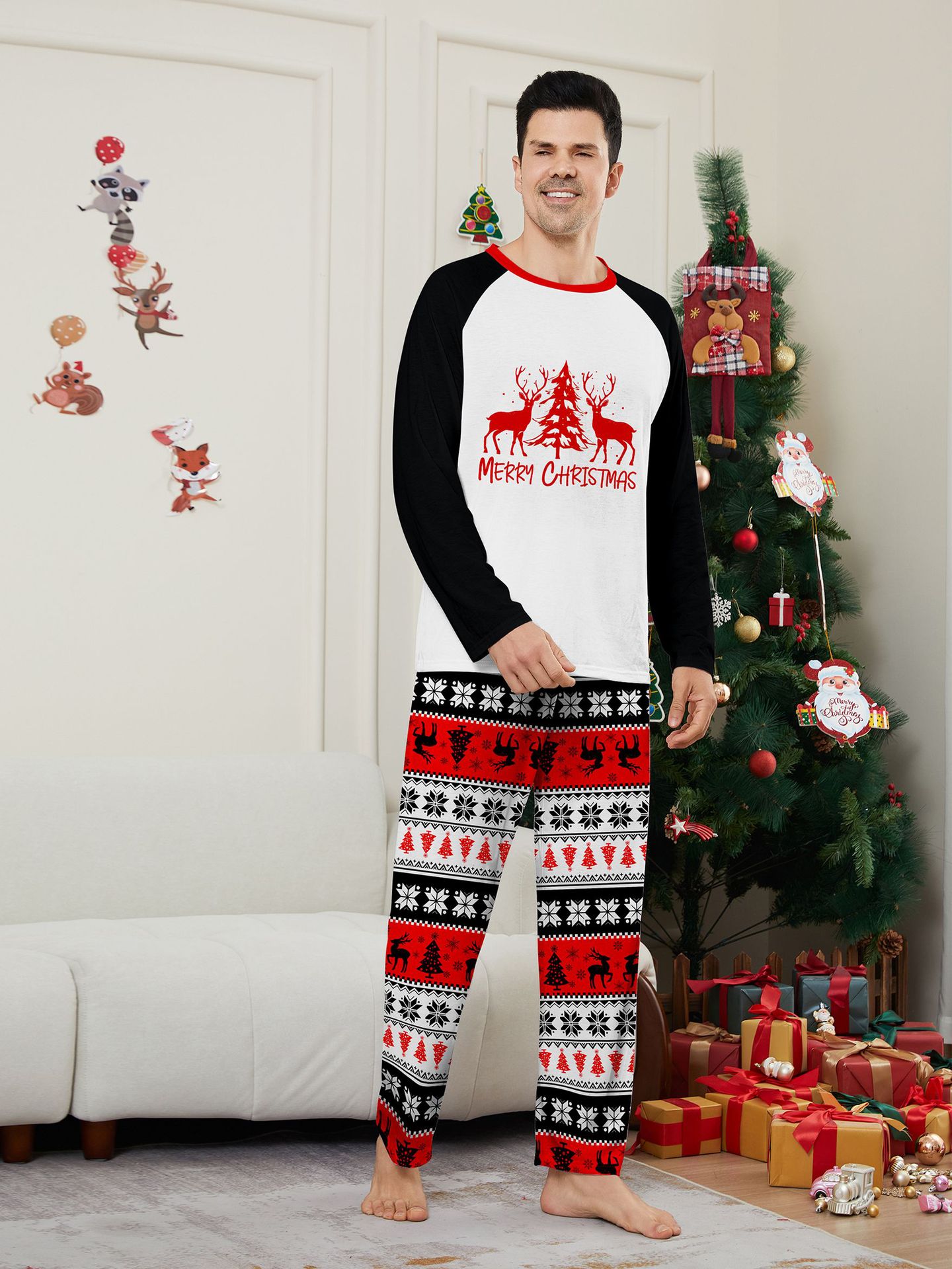 Robe de famille de Noël imprimée, pyjama, robe de maison, lettres de flocon de neige, Père Noël, cerf_voghion.com