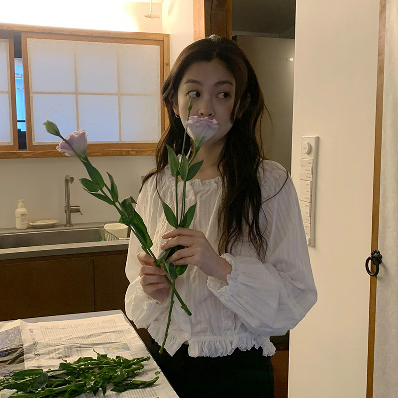 法式小众短款衬衣ins上衣女长袖减龄宽松皱褶娃娃衫早春外套衬衫|undefined