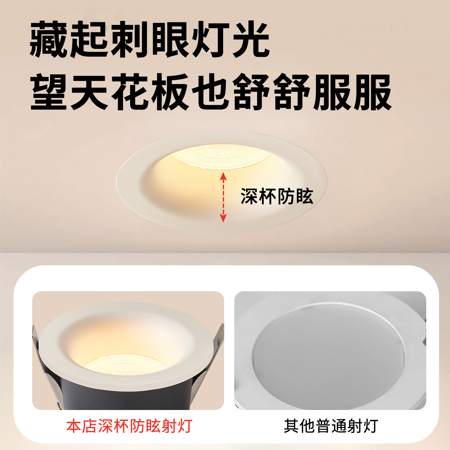 Cream viento sin marco incrustado taza profunda anti-deslumbramiento de espectro completo protector de ojos ultra delgada lámpara de sala de estar 406L