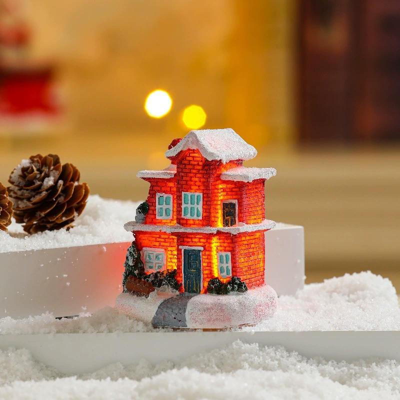 Miniature resin house decorations, micro landscape LED models, battery‑powered, assorted sizes 7–10 cm