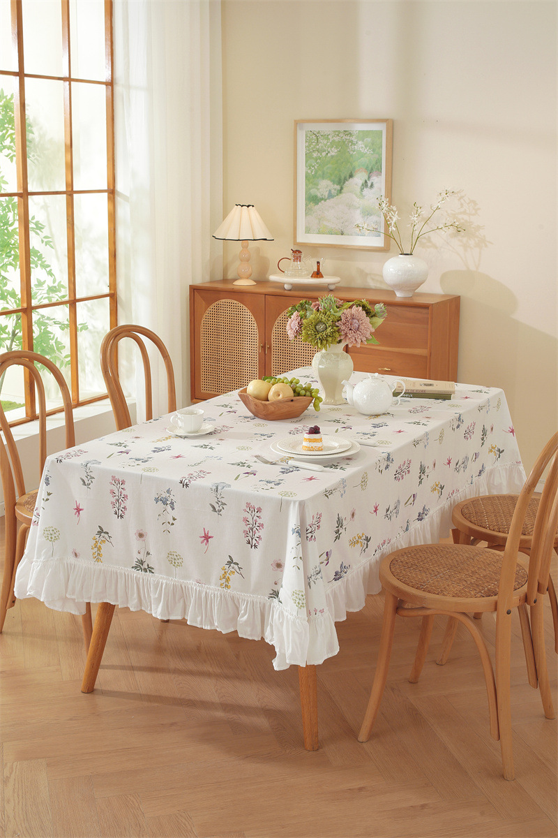 Cotton Printed Green Floral Tassel Tablecloth For Dining Table_voghion.com