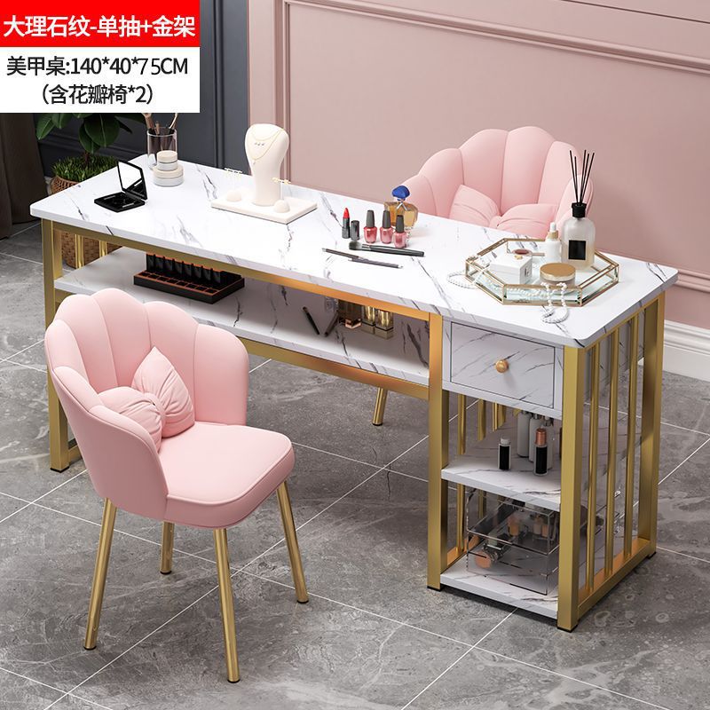 140 골드 프레임 사이드 캐비닛 싱글 서랍 + 꽃잎 스툴*2