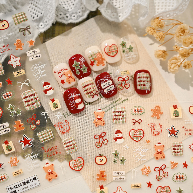 Tiesu Cute New Year Christmas Nail Art Stickers Ts4216 Retro New Year Bear Snowflake Plaid Heart Nail Stickers