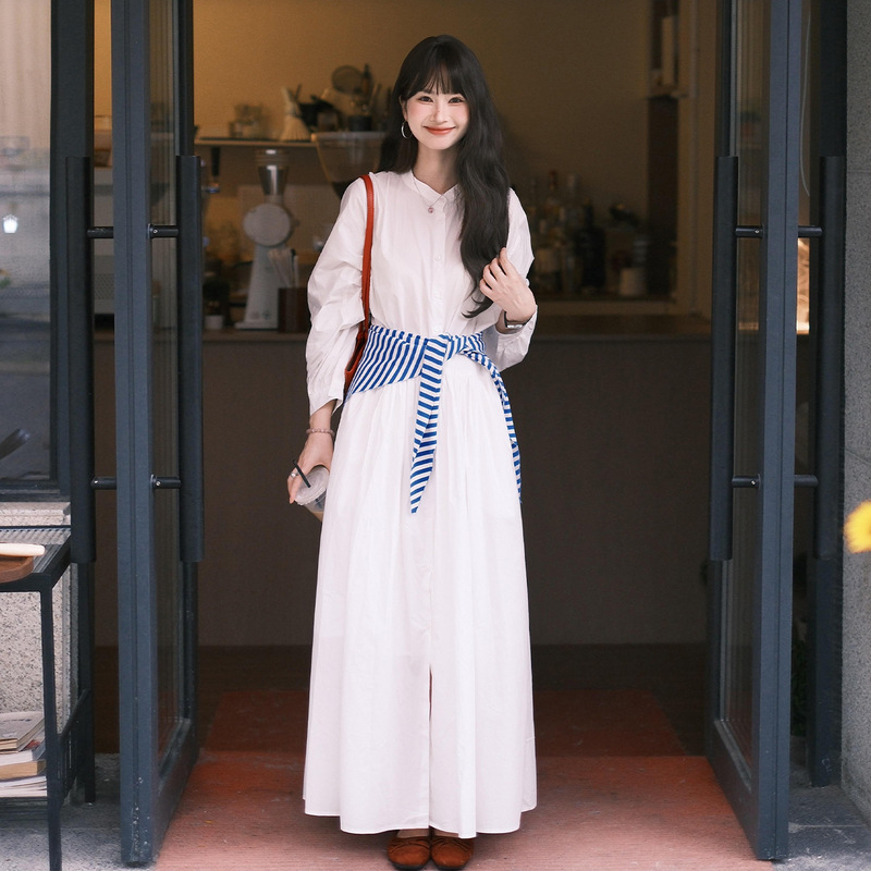 法式白色长袖衬衫连衣裙子女2025新款早秋气质感宽松显瘦长裙扎染|undefined
