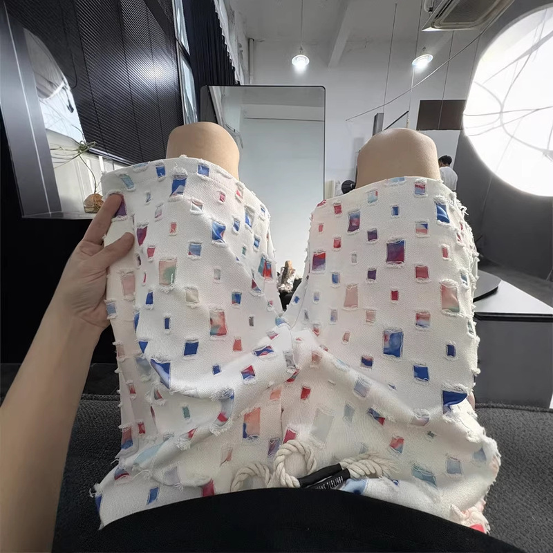 American High Street Style Colorful Plaid Ripped Shorts for Men, Summer Trendy Design, Loose Casual Beach Shorts