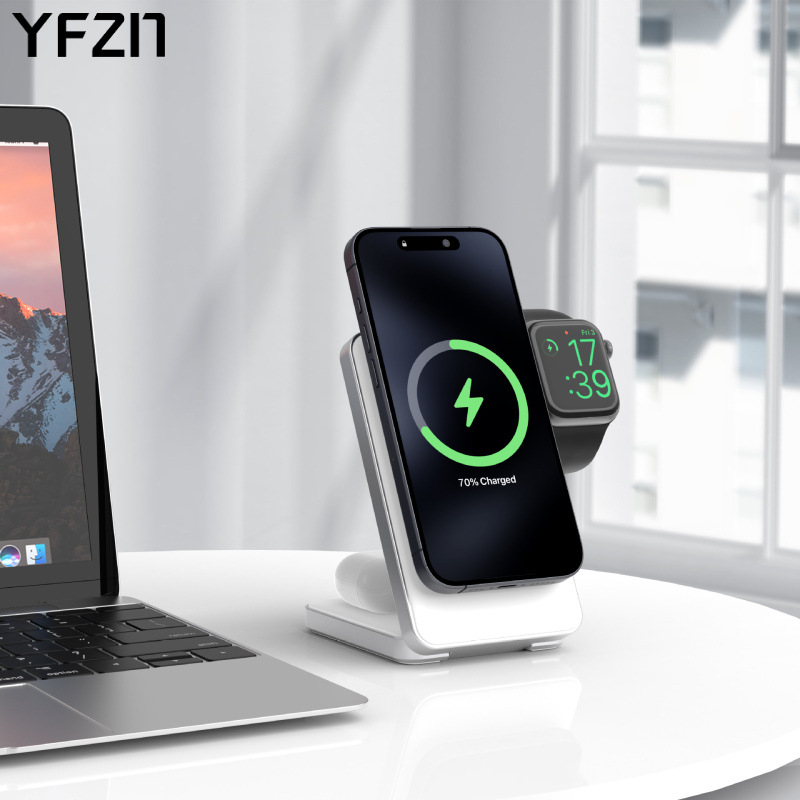 Cargador inalámbrico magnético Qi2 de 15W, de silicona líquida, tres en uno, plegable, de aleación de aluminio.