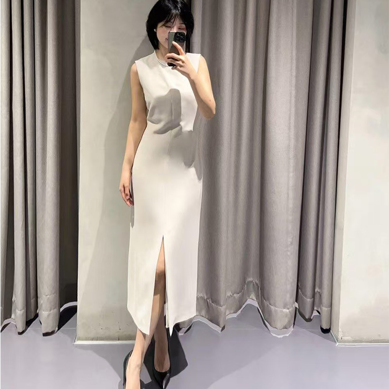 Th triacetate fiber blended slit dress 2025 early spring new simple high-end commuter women's clothing