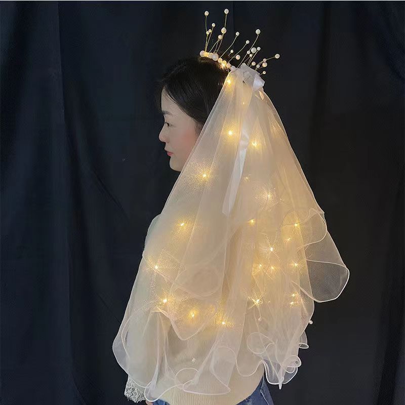 New Princess Glowing Veil Wedding Use Floor Stall Wholesale Double Layer Tassel Crown Big Bow Glowing Headpiece