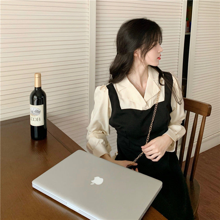 2025年春の新作、長袖ワンピース、女性用、パッチワーク風フェイクツーピース、シンプル、女子学生向け、フレンチスタイル、個性的なワンピース|undefined