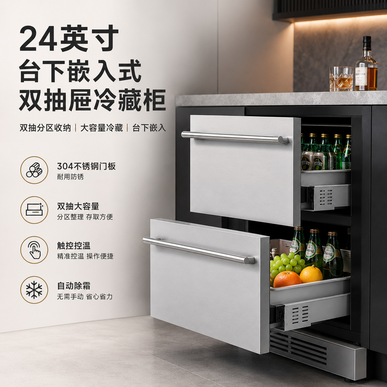 24inch Built-In Undercounter Dual-Zone Drawer Refrigerator Made of Stainless Steel, Exclusively for Export to Amazon North America