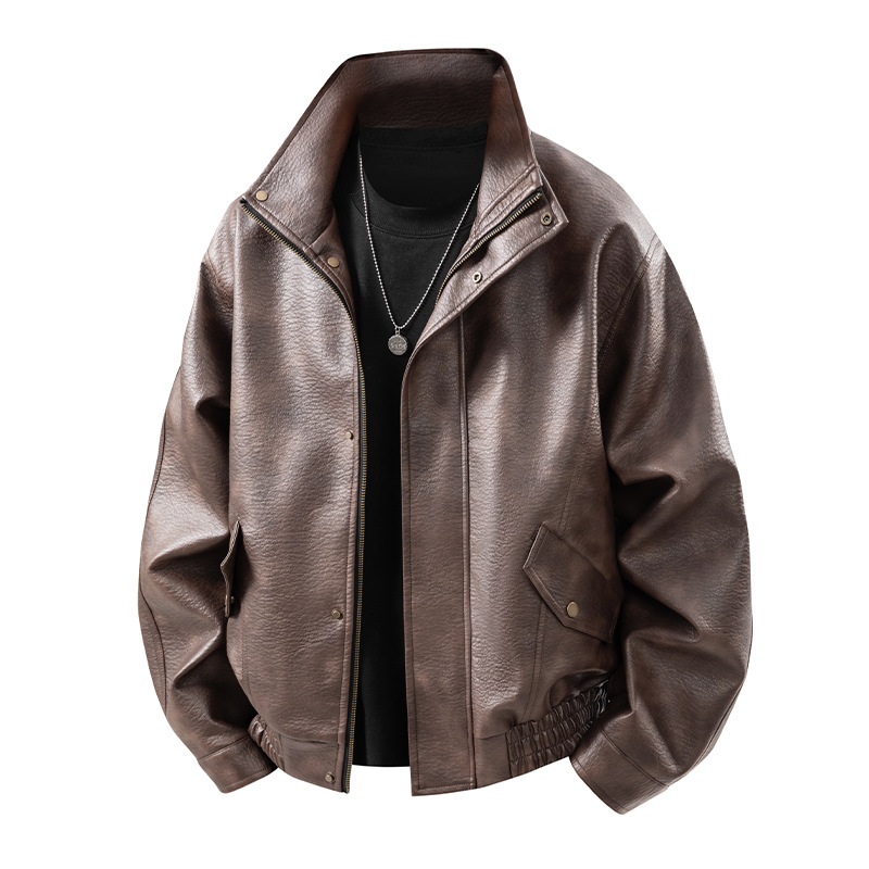 Kişi dəri görünüşlü jaket, yaxası açılan, rahat biker model
