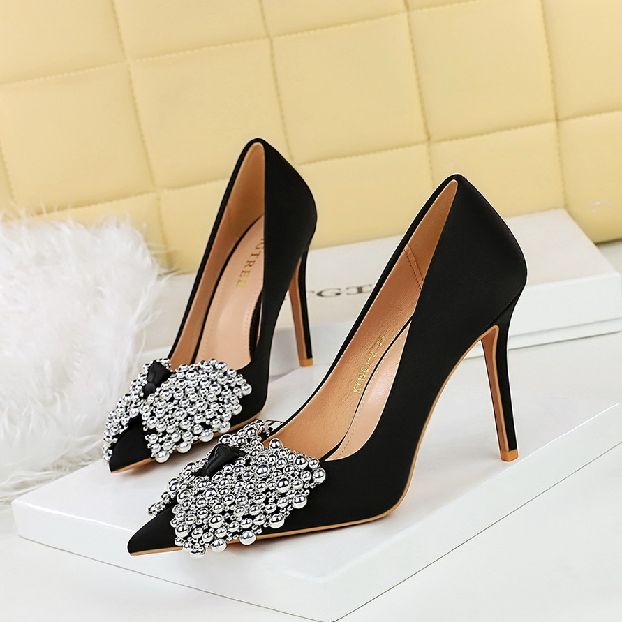 1983-H60 Korean Style Elegant Bowknot Thin Super Satin Light Luxury Pointed Toe Shallow Mouth High Heel Single Shoes_vogvips.com