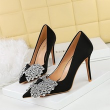 1983-H60 Korean Style Bow Single Shoes with Thin Heels and Ultra High Heels, Satin Light Luxury Pointed Shallow Mouth High Heels Single Shoes