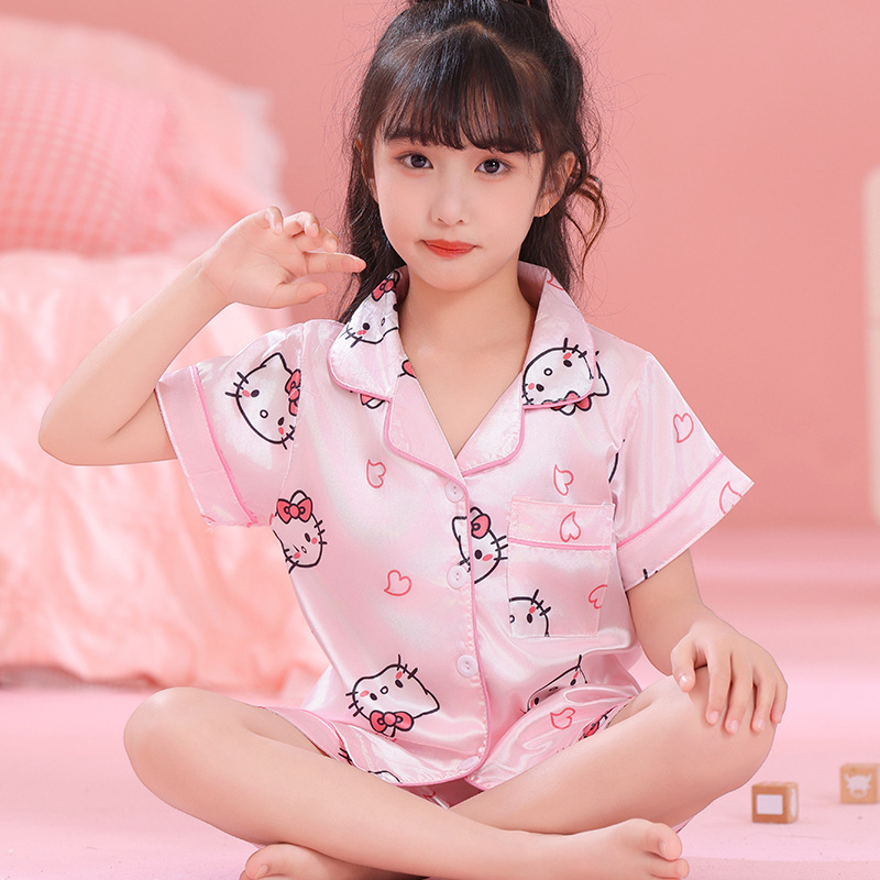 Cross-border Children's Pajamas Summer Ice Silk Short-sleeved Shorts Cardigan Lapel Cute Cartoon Casual Loose Set for Boys and Girls