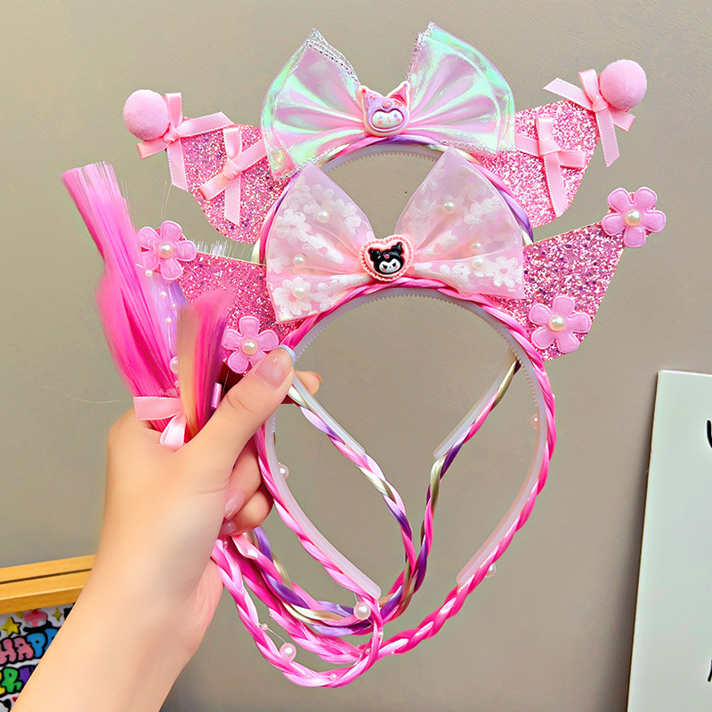 Niñas niñas lindas pelucas Sanrio trenzas prensas de cabello bandos de cabello princesa adornos de cabello de dibujos animados Koolomi arco de cabello bandos