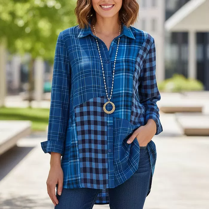 2025跨境短袖亚马逊外贸速卖通新款长袖翻领格子拼接衬衫女上衣