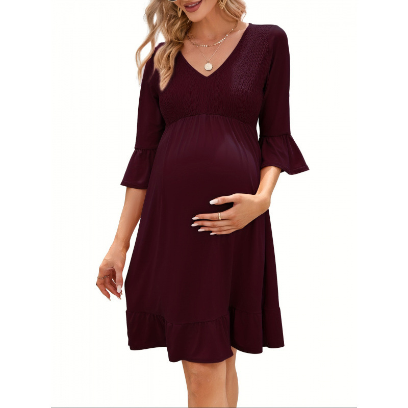 2026 New Cross-Border Women's Maternity Camisole Three-Four Sleeve Bohemian Style V-Neck Autumn Dress