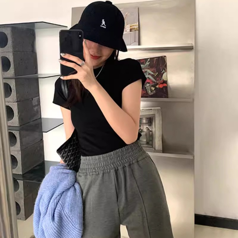 Women's Plain Color Slim Fit Short-Sleeve T-Shirt, Trendy New Style, Foreign Trade Cross-Border Slim Fit Short-Sleeve Top