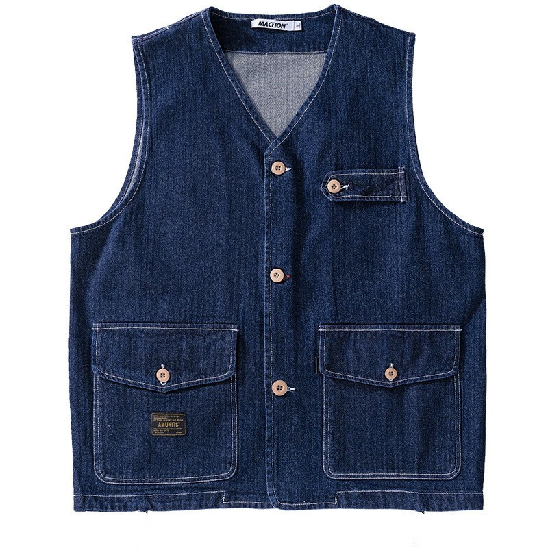 レトロなデニムの馬甲の純粋なアメリカ式の水洗いの戦術のベストはカチカチと重いポンドに来て図を決めます。